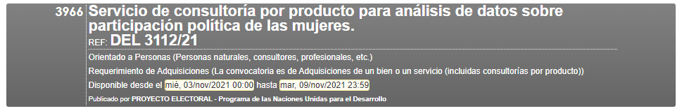 #OportunidadLaboral | El <a href="/PNUDBolivia/">@PNUD en Bolivia</a> requiere contratar el "Servicio de consultoría por producto para análisis de datos sobre participación política de las mujeres" para el Área de Género del <a href="/TSEBolivia/">TSE Bolivia</a>.