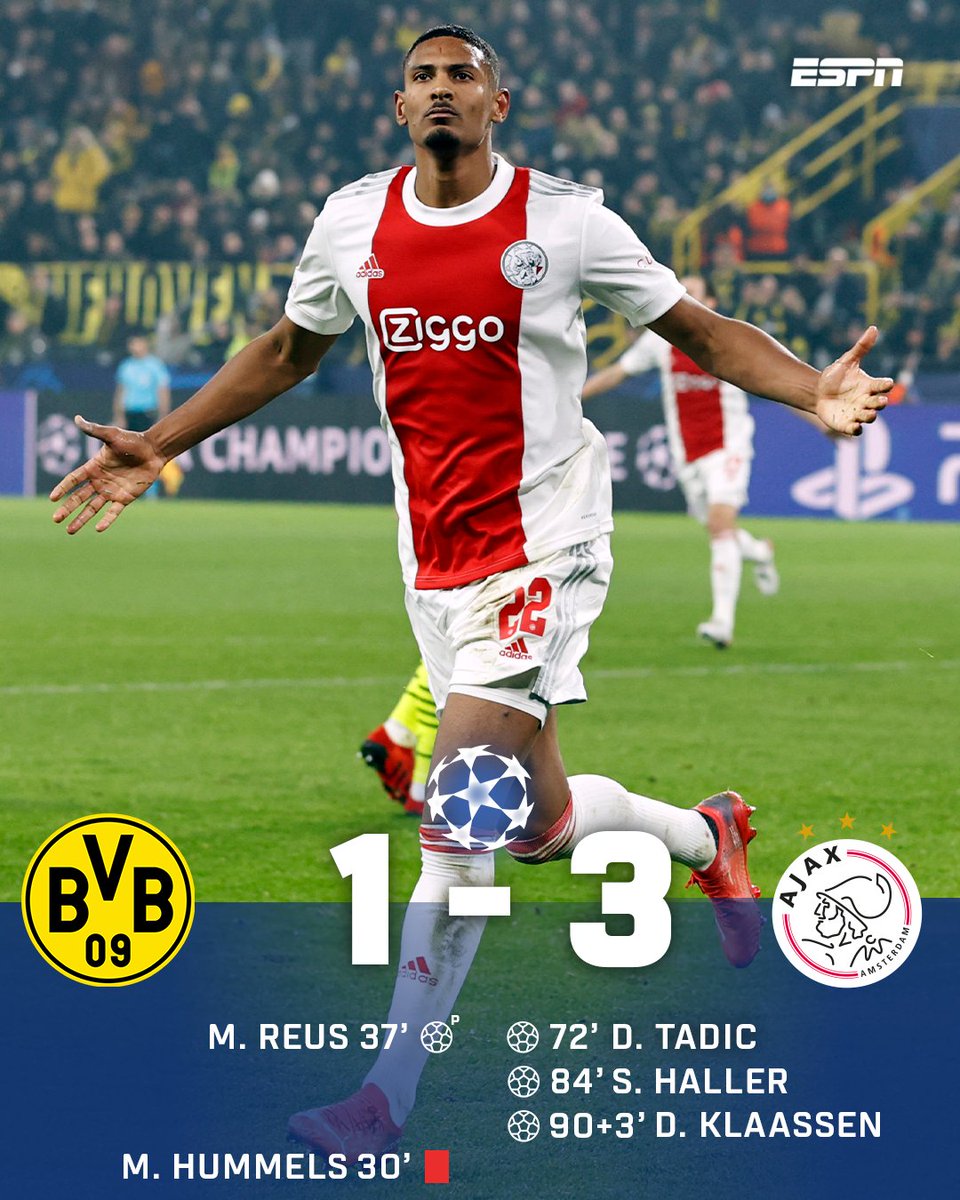 ESPNnl's tweet photo. 🔛⚠️ @AFCAjax overwintert na een 1-3 zege in Dortmund! 

#doraja #ucl https://t.co/4voQTAjJCE