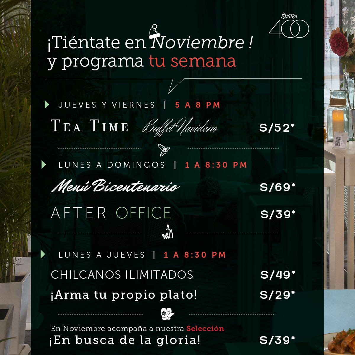 CourtyardLM's tweet photo. ¡Conoce nuestras promociones semanales por el mes de noviembre en Bistro400!
Informes, horarios y precios: https://t.co/vI9bOvX1Wl
Previa reserva es requerida: 📞 https://t.co/hF34Lg6Ciy / ☎️ 01625-3838 / 📩 cy.bistro400@courtyard.com https://t.co/Pw7WLeYyzF