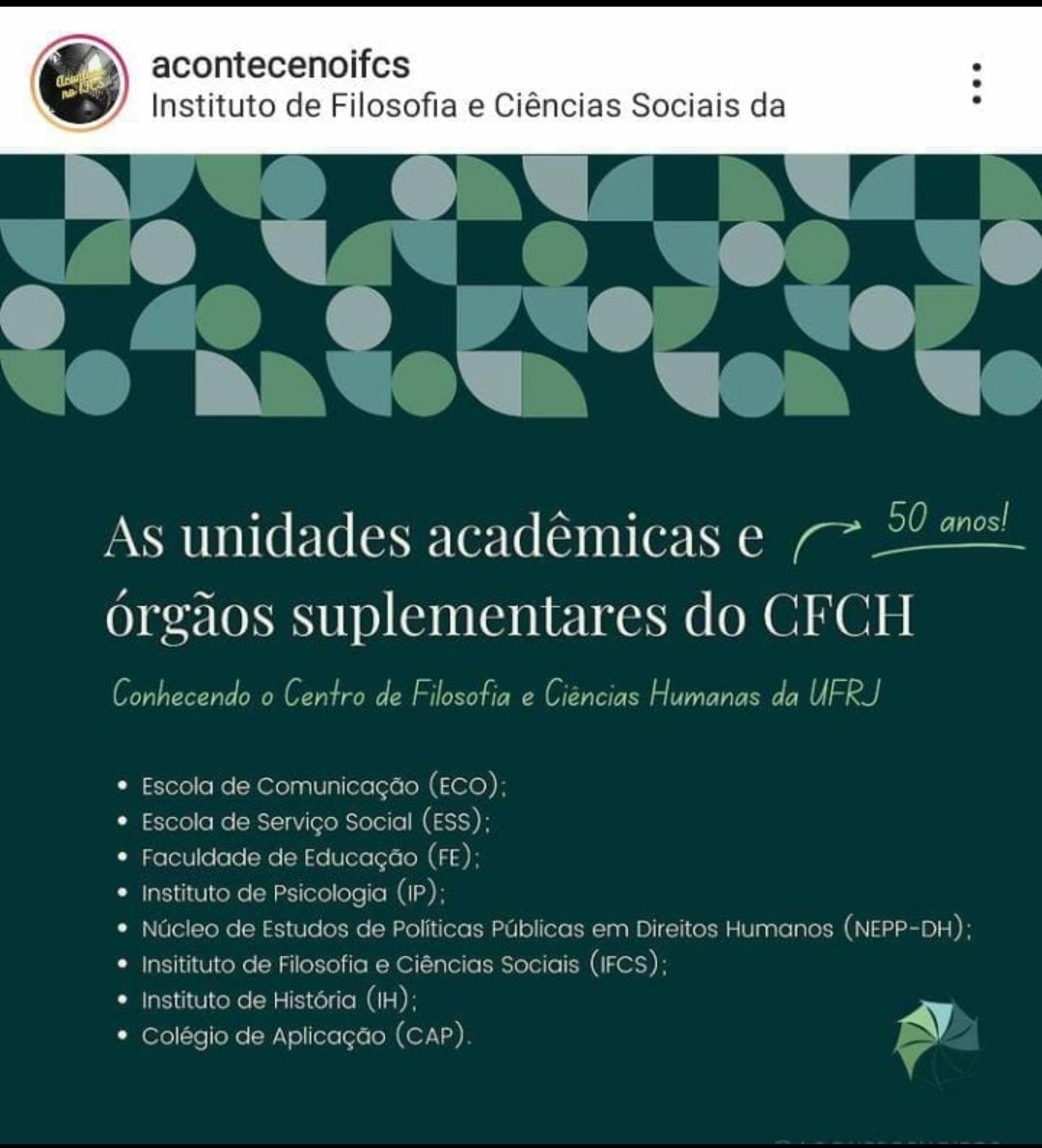 Repostad <a href="/acontecenoifcs/">Acontece no IFCS</a> 

Você sabia que atualmente, o Centro de Filosofia e Ciências Humanas (CFCH) da UFRJ é composto por  6 unidades acadêmicas e 2 órgãos suplementares?

Confira as unidades acadêmicas do CFCH 👇

#ufrj #acontecenoifcs 
#cienciassociais 
#filosofia #ifcs