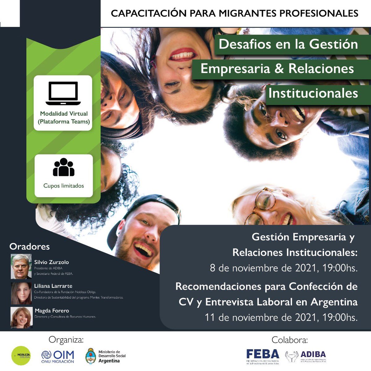 Capacitacion para migrantes profesionales. El pte. de #Adiba <a href="/silviozurzolo/">Ing. Silvio Zurzolo</a> estará participando en el panel de speakers. <a href="/NoblezaObliga_/">Nobleza Obliga.org</a> <a href="/OIM_Argentina/">OIM Argentina</a> <a href="/MDSNacion/">Ministerio de Desarrollo Social de la Nación</a> 
 No te las pierdas!!! Inscribite acá  forms.gle/zeyr9215esNckV…
