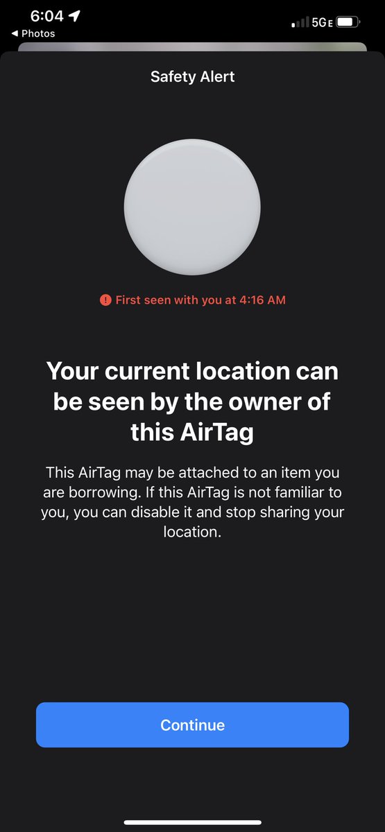 NeutronJon's tweet photo. @SGGRC Not sure if you saw this feature. I took my wife’s car to work this morning and got this alert because her AirTag on her keys is registered to her iCloud account instead of mine. It’s a nice anti surveillance feature. https://t.co/IGYVpgYOFc
