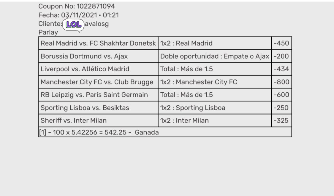 avalos8510's tweet photo. Vean nomas esta belleza😍 #Parlay #ChampionsLeague #playdoit #apuestasdeportivas https://t.co/SovGctDd2d
