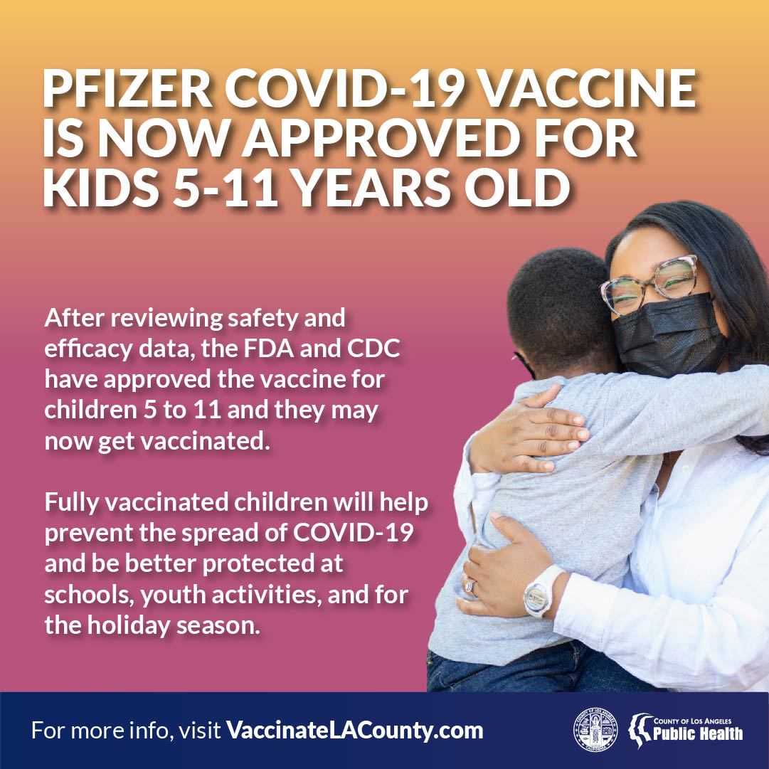 lapublichealth's tweet photo. BREAKING NEWS: Pfizer's COVID-19 vaccine is approved under EUA for children 5-11. Children may now get vaccinated at select, walk-up clinics county-wide – please call site ahead of time to check availability. Visit https://t.co/w0oh4OPPGX for info or talk to your child’s doctor. https://t.co/3jhtVDeuGV