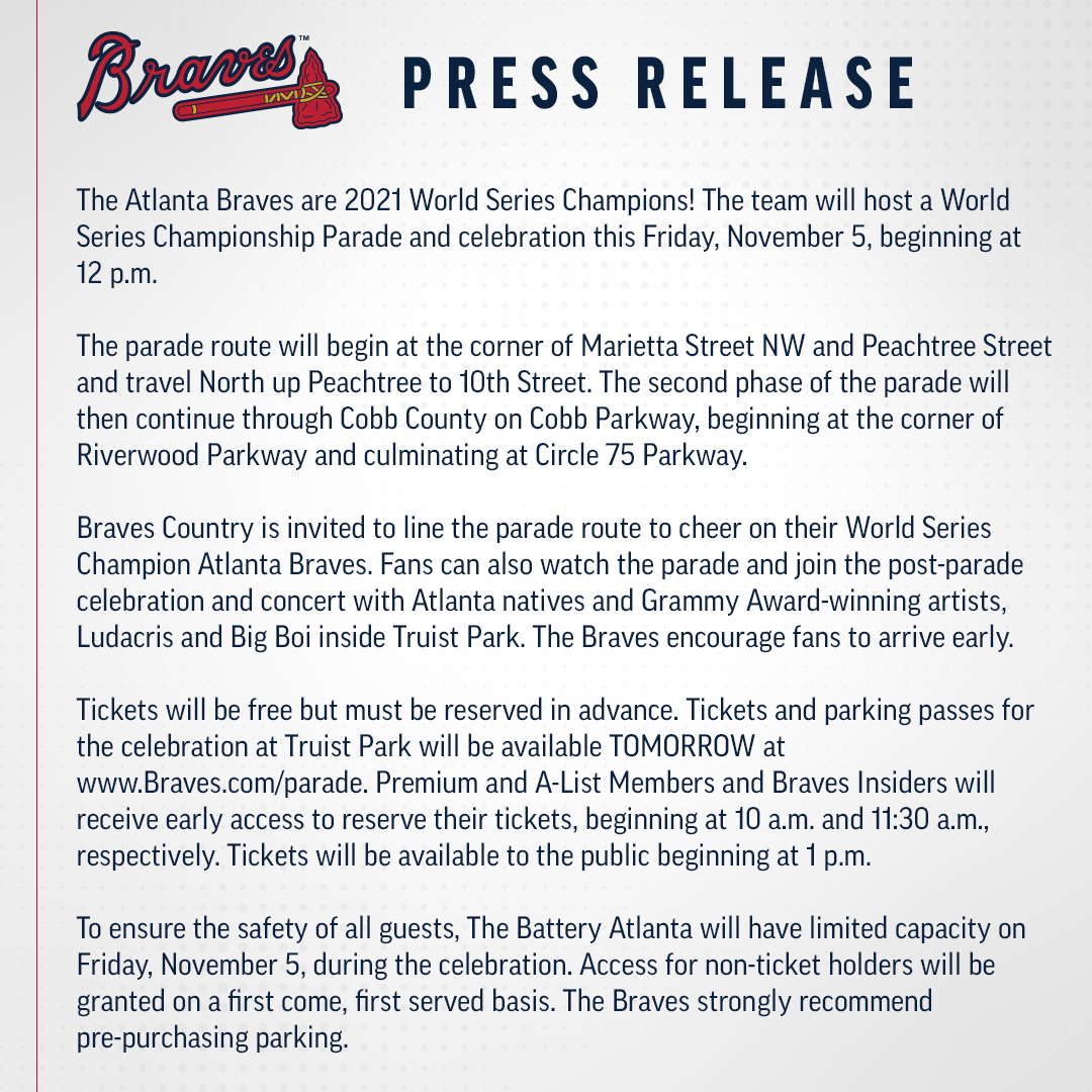 Atlanta Braves on X: Atlanta #Braves to Host World Series Championship  Parade and Celebration THIS Friday, November 5:  / X