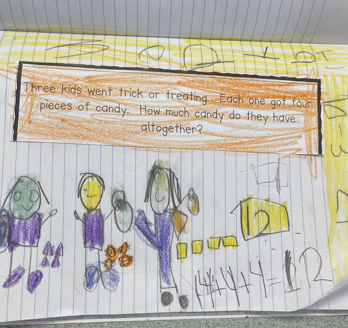 PamMarks19's tweet photo. Using a drawing to solve the Math Problem of the Day.  #Kindergarten @HEShurricanes #MathJournals https://t.co/JtgBgFeepT