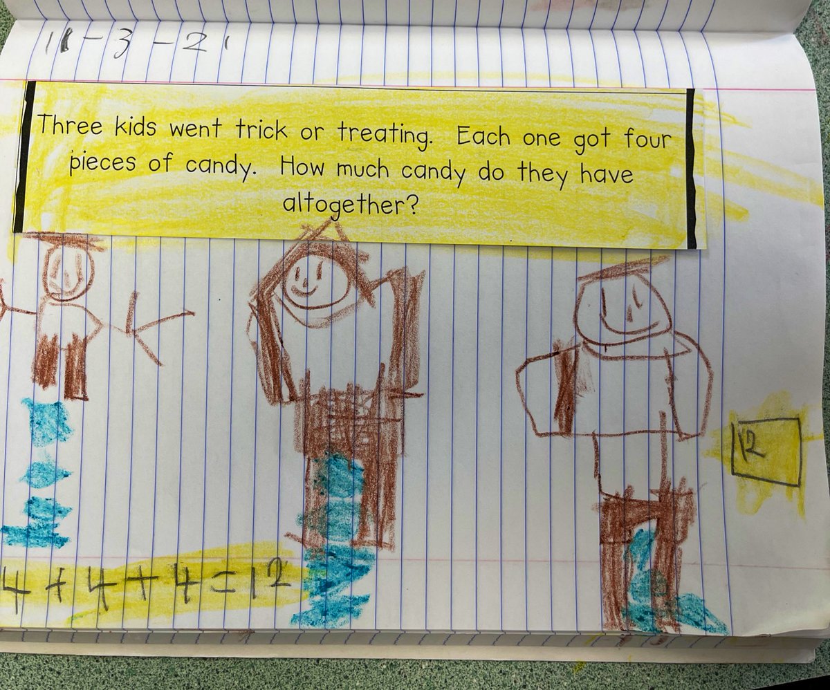 PamMarks19's tweet photo. Using a drawing to solve the Math Problem of the Day.  #Kindergarten @HEShurricanes #MathJournals https://t.co/JtgBgFeepT