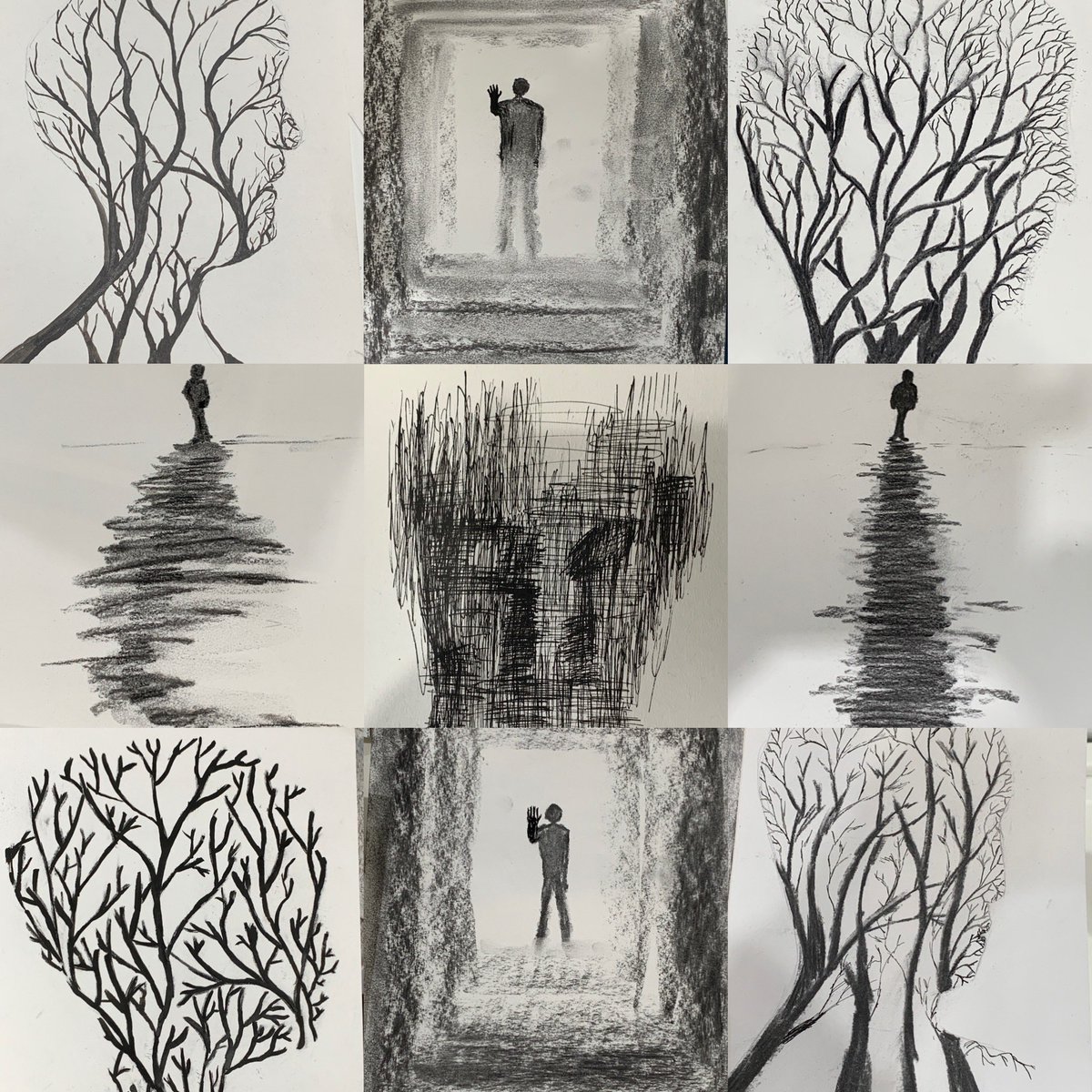 Such stunning and SPOOKY work from drawing class this week. Using a very interesting mixture of charcoal and ink…..we explored figures, heads and profiles. 
.
.
#artlovers #artist #artgram #arttherapy #kajabihero #createartschool #learntodraw #iteachwithudemy
#charcoal #spooky