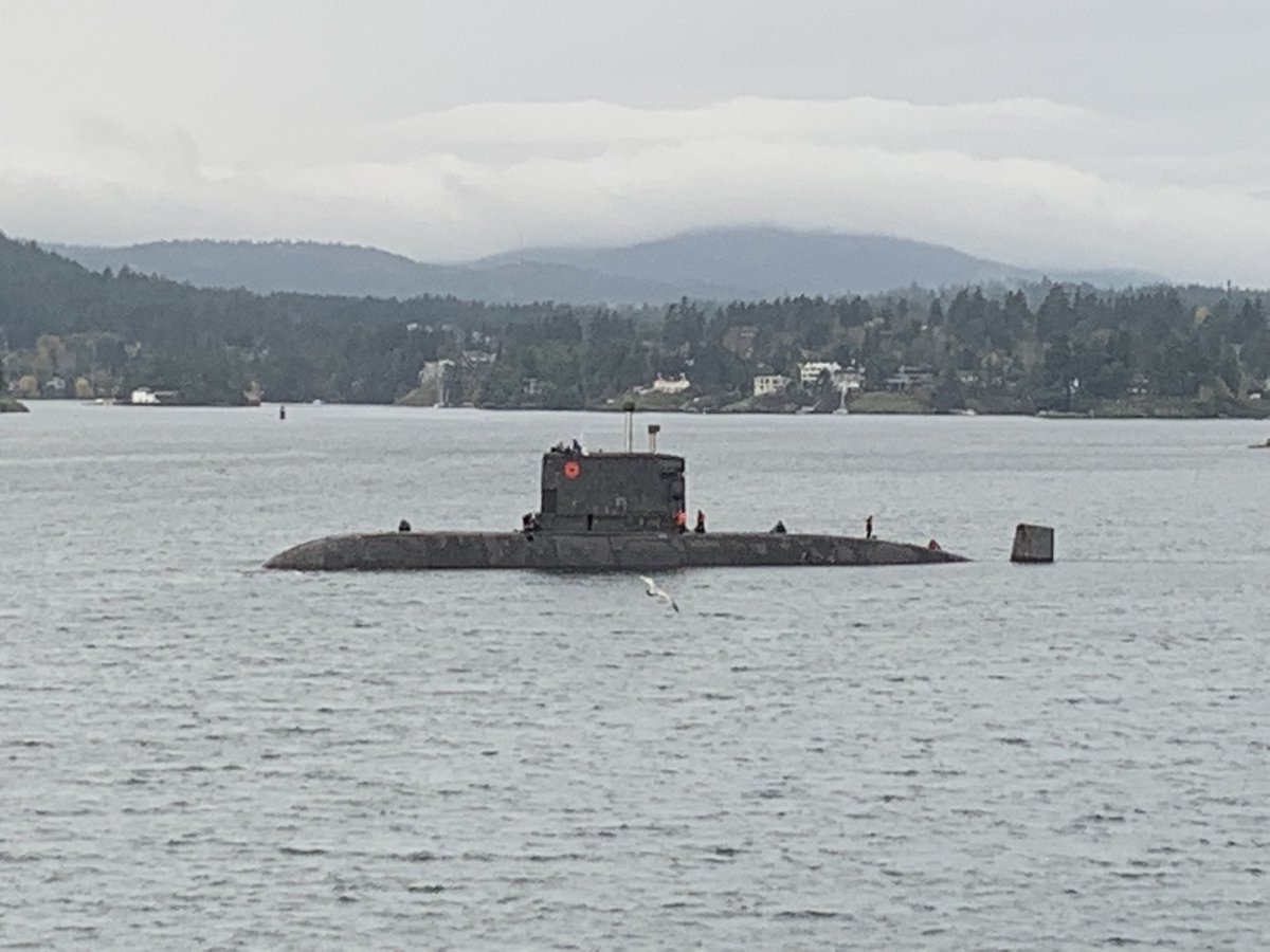 AngusTopshee's tweet photo. Adorned with a poppy #HMCSVictoria passes #BickfordTower and @FortRoddFisgard to head to sea for local force generation (training and trials)

#CanadaRemembers https://t.co/QSiz3eSpgy