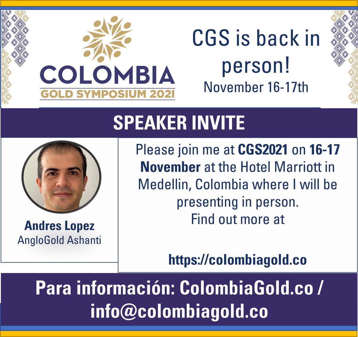 Great news! Andres Lopez of <a href="/AGAColombia/">AngloGold Ashanti Colombia</a> will present at #CGS2021 about the technical innovations of the Quebradona project in Antioquia.