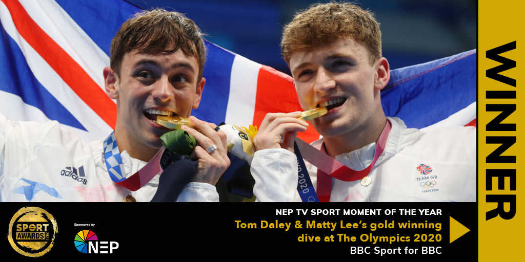 broadcast_sport's tweet photo. The award for @NEP_UKI TV Sport Moment of the Year goes to – @TomDaley1994 &amp; @MattyDiver’s Gold-winning dive at The Olympics 2020, @BBCSport for BBC #BroadcastSportAwards https://t.co/PtrFtg5Ji6