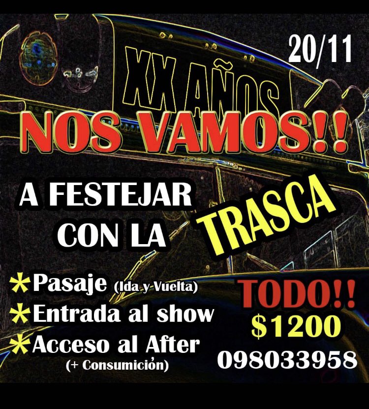 Trasca_Oficial's tweet photo. Atención 📣📣📣
Amig@s de #FrayBentos 🧨🧨🧨Sale bondi 🚌🚌 para Montevideo!!!
Noche completa 👌🏻👇👇👇
Favor difundir 📣📣📣📣 https://t.co/jTswBA0VyN