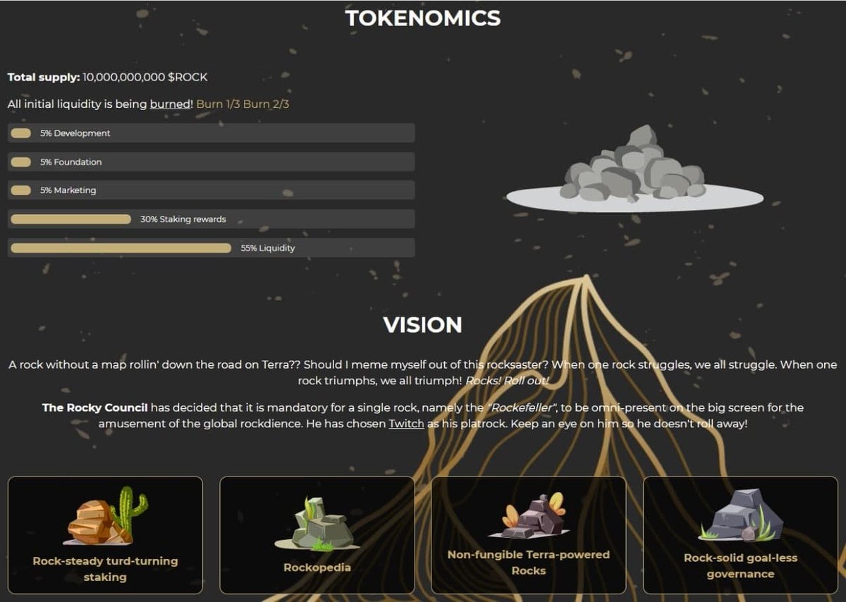 cryptowhalexx's tweet photo. Ready for the next big memecoin on #Terra?🔥

🚀 Stealth/Fair launch on @terraswap_io 
🏕 Roadmap with staking &amp; #NFTs 
🛡 Burned liquidity (SAFU)
📈 Only $150k MC
🔮 Stream on @Twitch soon!

https://t.co/F7jvvFIMmA
Ticker: $ROCK
Telegram: https://t.co/GqfaYzz6XM

#RocksAssemble https://t.co/BBIIi3DoHc