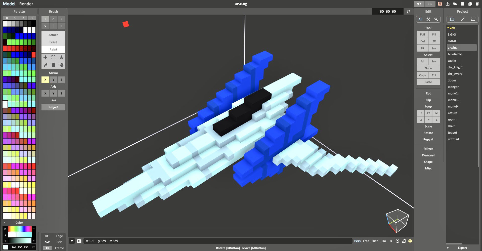 綾野はるまき Rt Ima 1966 3dドットモデリングツールのmagica Voxelが面白い 無料でお手軽に3dドットモデリングが楽しめる マイクラ遊んだ事ある人なら簡単に使えると思うよ って言う訳でarwing作ってみた T Co Wd8rag2dwt Twitter