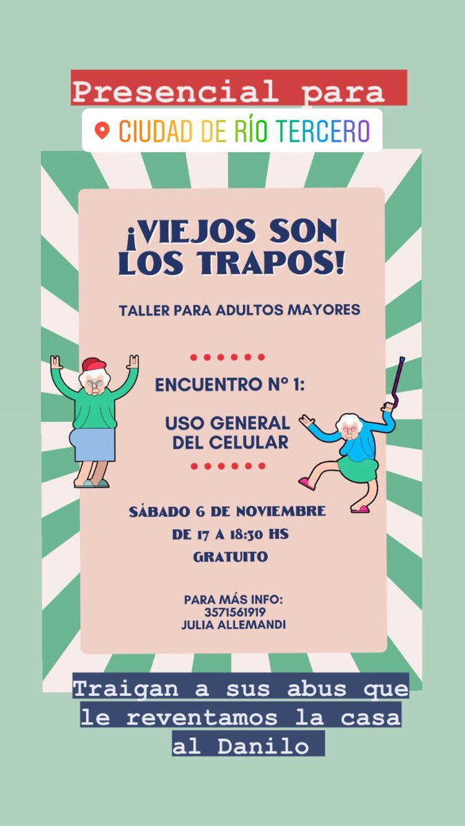 JuliAllemandi's tweet photo. Gente de Río 3: estoy organizando para este sábado un tallercito para adultos mayores gratuito. Poder tener independencia para manejar cuestiones básicas del celular es parte de sentirse incluídos en el sistema. Compartan si conocen a alguien que pueda serle de utilidad ! https://t.co/OT3ZHPG3bi