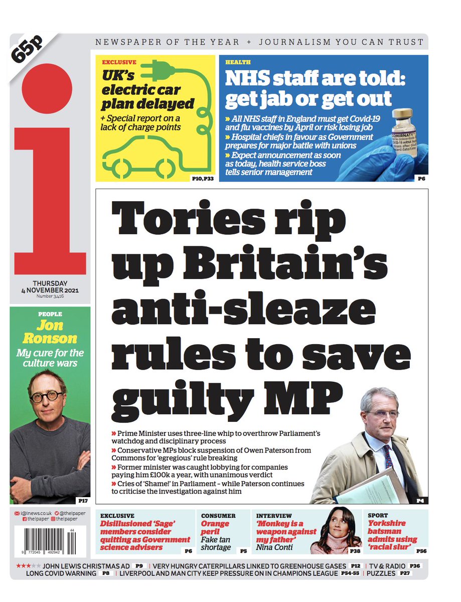 Thursday’s i: “Tories rip up Britain’s anti-sleaze rules to save guilty MP"

#BBCPapers #TomorrowsPapersToday bbc.in/2ZMQOHR