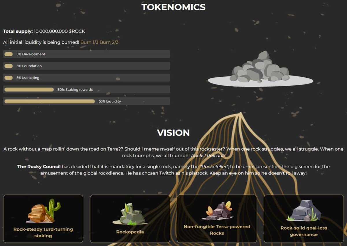 cryptocarti's tweet photo. Who’s ready for the next big #memecoin on #Terra?

🚀 $ROCK Stealth+Fair launch on @terraswap_io 
🏕 Roadmap - staking &amp; #NFTs 
🛡 Burned liquidity (SAFU)
📈 Only $150k MC

CHECK IT OUT! ⤵️
https://t.co/XIadjbw911
https://t.co/U1kBOECafz

#RocksAssemble https://t.co/MCkknDlhlS