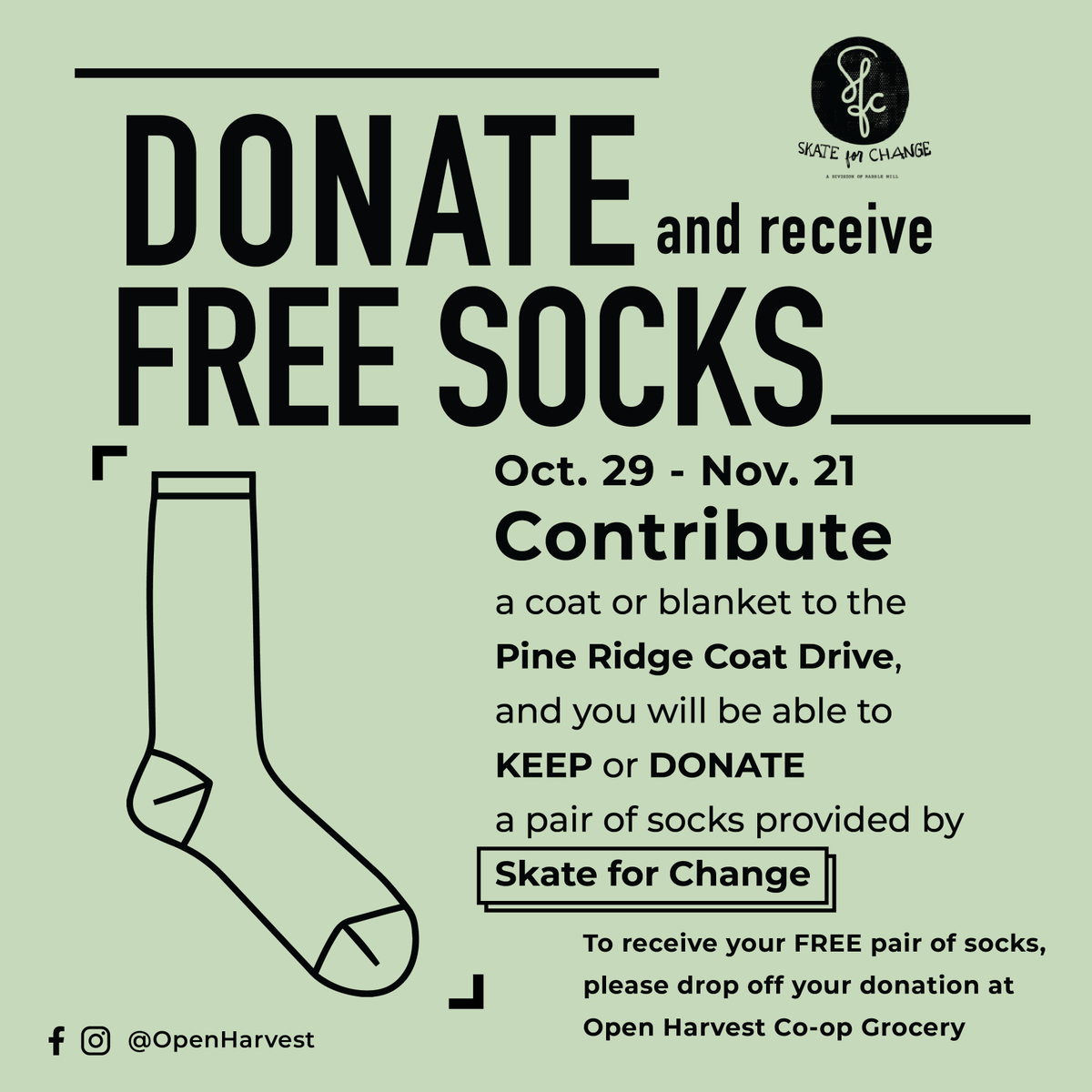 Socktober might be over, but our giving isn't! Thanks to our generous friends <a href="/Jostens/">Jostens</a>, we're able to support our local co-op, <a href="/OpenHarvest/">Open Harvest Co-op</a> during its annual Pine Ridge Winter Coat Drive! When you give a coat, you can pick up some free socks (or donate them too!) 👇🖤🧥