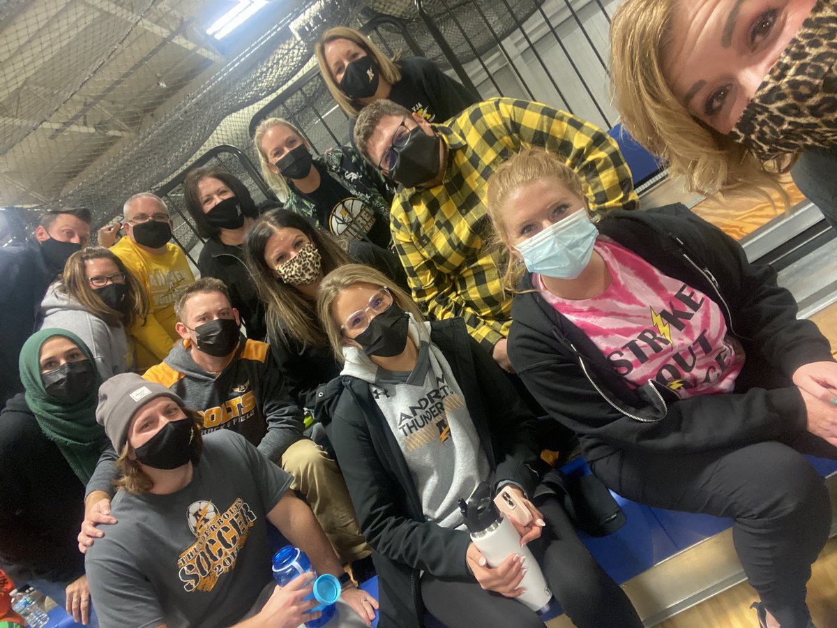 We’re….. back. <a href="/AndrewHS_d230/">Victor J. Andrew High School</a> staff here supporting our <a href="/tboltsvb/">Andrew Girls Volleyball</a>. One down one to go. Get ‘em bolts 🖤🏐💛