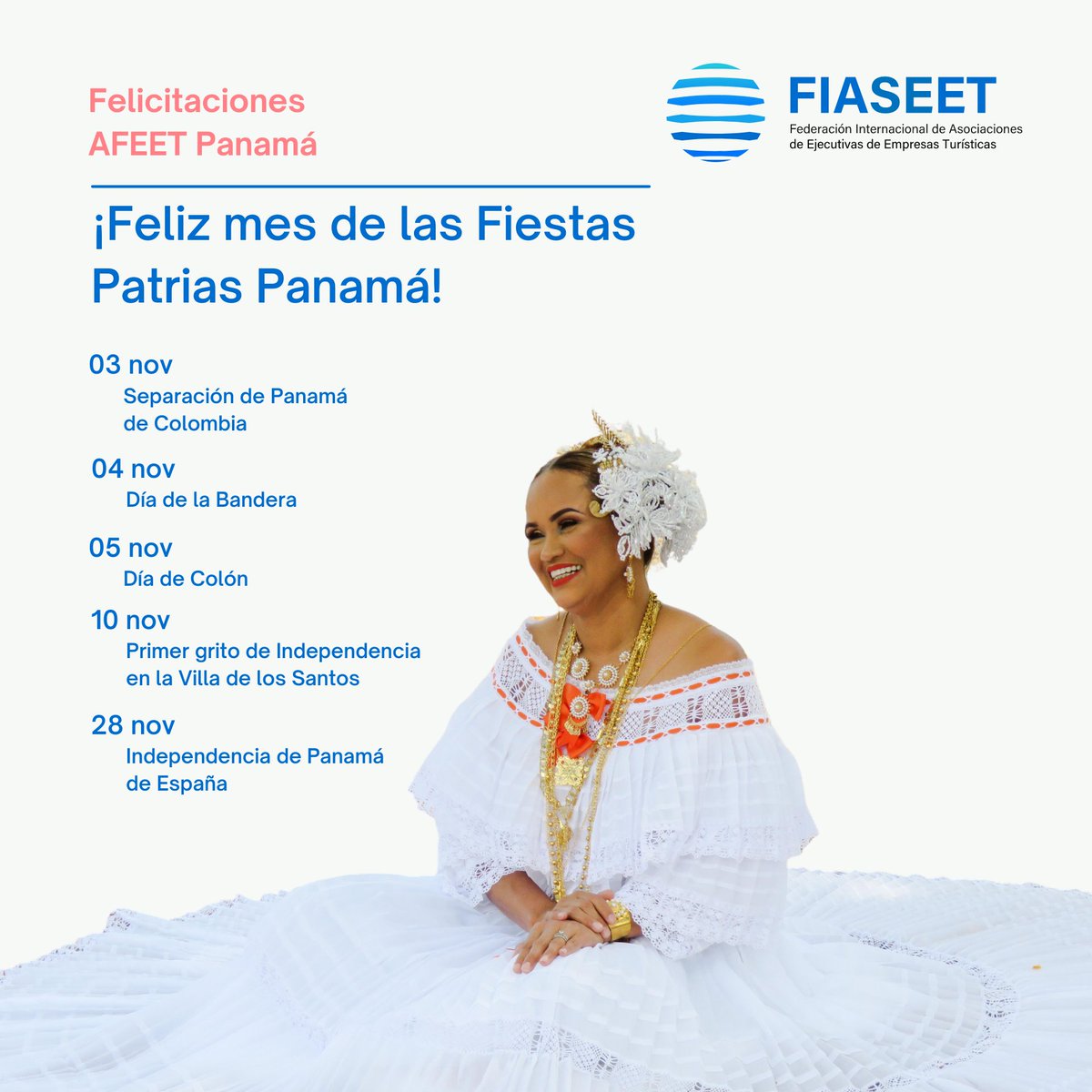 fiaseet's tweet photo. Felicitamos a nuestras amigas de AFEET #Panamá, que el día de hoy inician las celebraciones de sus #FiestasPatrias. Desde #FIASEET compartimos su alegría. Un país lleno de cultura, calidez, empatía y amor para el mundo. https://t.co/JCOxOP5WWN