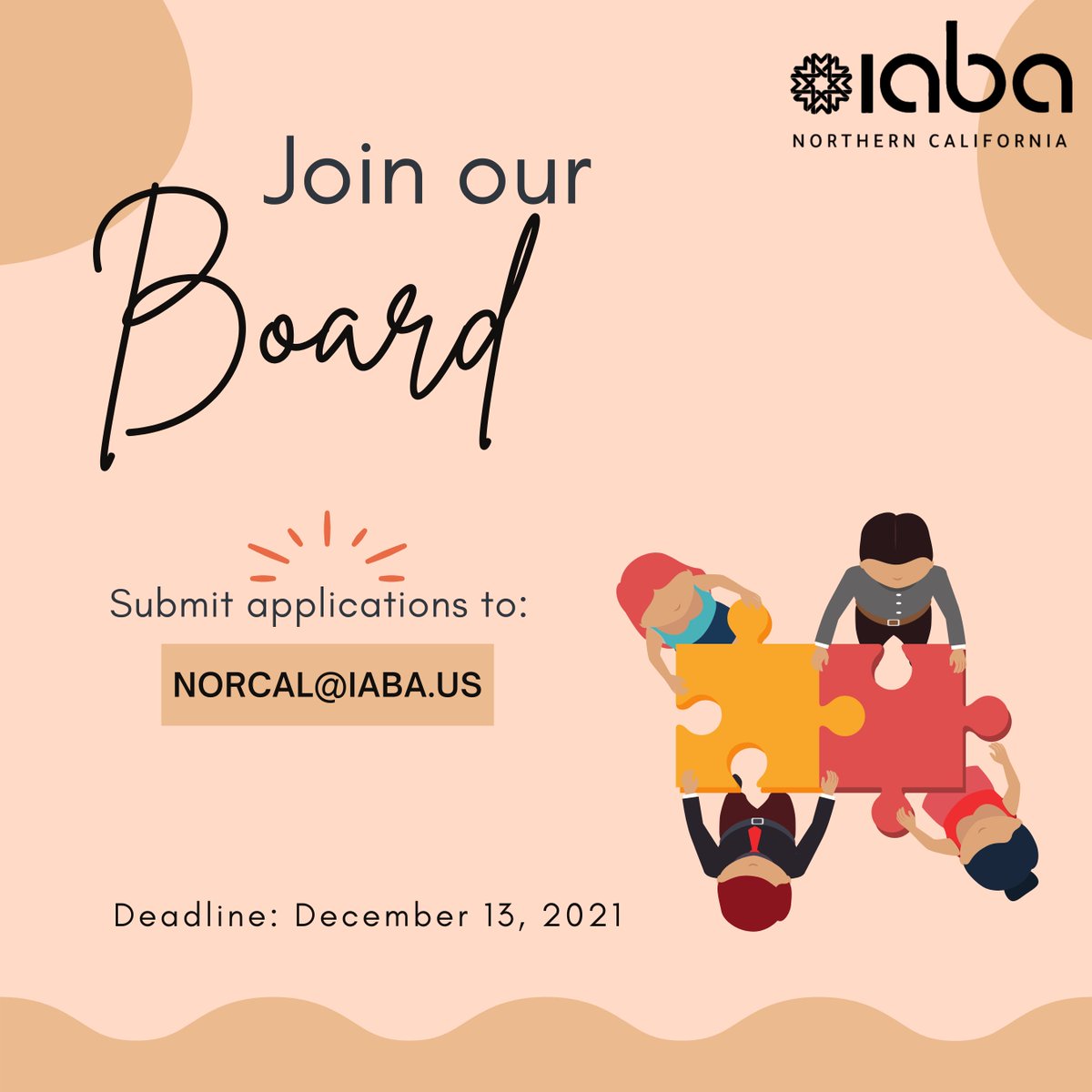 Join the 2022 IABA NorCal Board! We're looking for Bay Area folks who are interested in dedicating their time to a mission-driven organization and are eager to work collaboratively to drive creative initiatives for our community.