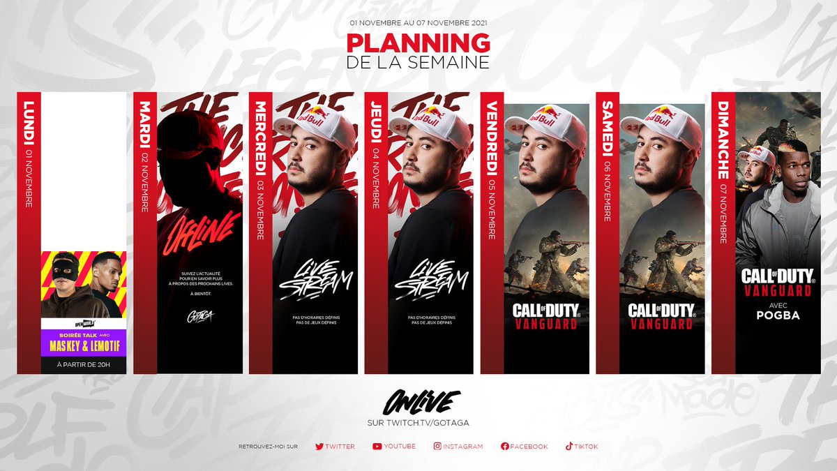 GotagaTV's tweet photo. Planning de la semaine 🗓

La semaine post #ZEVENT a bien commencée par un #OpenWorld avec @RudeKidSkeyma &amp; @levraimotif ! 

Prêt pour la sortie du nouveau @CallofDutyFR Vanguard ? Petit live dessus avec @paulpogba dimanche 👀

▶️ https://t.co/HWYYk2q1Of | https://t.co/yVHT9uxmdk https://t.co/TuxHb7v7zE