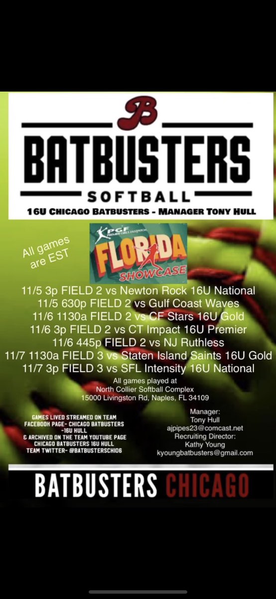 Here is my schedule for this weekends <a href="/PGFnetwork/">PGF</a> showcase in Florida ☀️💪🏻 @BatbustersChi06 <a href="/CoachGinaKus/">Gina Kustok</a> <a href="/NCSA_Softball/">NCSA Softball</a>