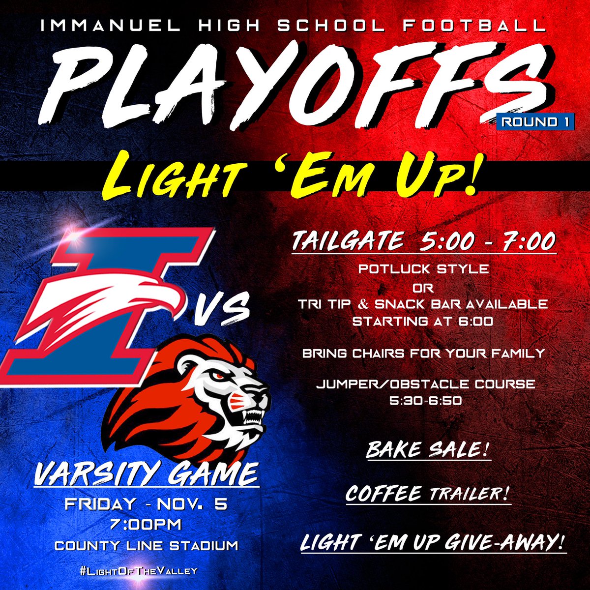 Your 1st Seed <a href="/IHSEaglesFB/">Immanuel Football</a> have a home game this Friday for CIF Central Section playoffs! Show up early to tailgate! And don’t forget, ALL playoff games you have to purchase tickets online - gofan.co/app/school/CA1…. No tickets sold at the gate.
#GoEagles #LightOfTheValley