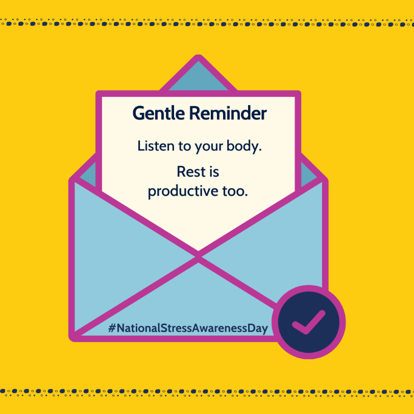 DasiOrg's tweet image. Today is National Stress Awareness Day, and this is your reminder to take breaks when you need them. We work and live better when we allow ourselves time to recharge.  

#NationalStressAwarenessDay #stress #stressed #rest #takeabreak