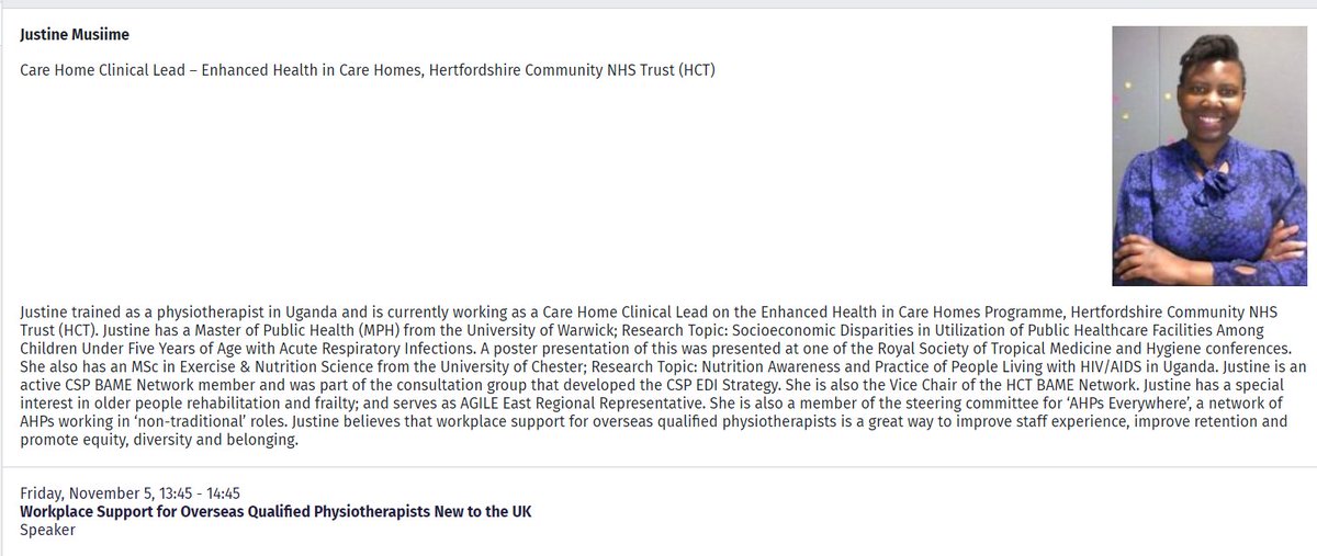JustineMusiime's tweet image. Blessed to be one of the contributors in this year's vPUK. Together with my @cspbame peers, we'll be leading the network session on Workplace Support for Overseas Qualified Physiotherapists New to the UK. See you there! #Physio21 @thecsp #Equity #Diversity #Belonging #Retention