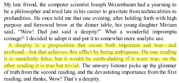 PhilosophyPub's tweet image. What is a #deepity? @DanielDennett explains.

Also: What’s the use of the thinking tools we have looked at so far? Some expand our horizons, others help us find secure footing. Some explode in our faces.

Thinking about them can improve our intellectual game.
#Logik #Philosophie