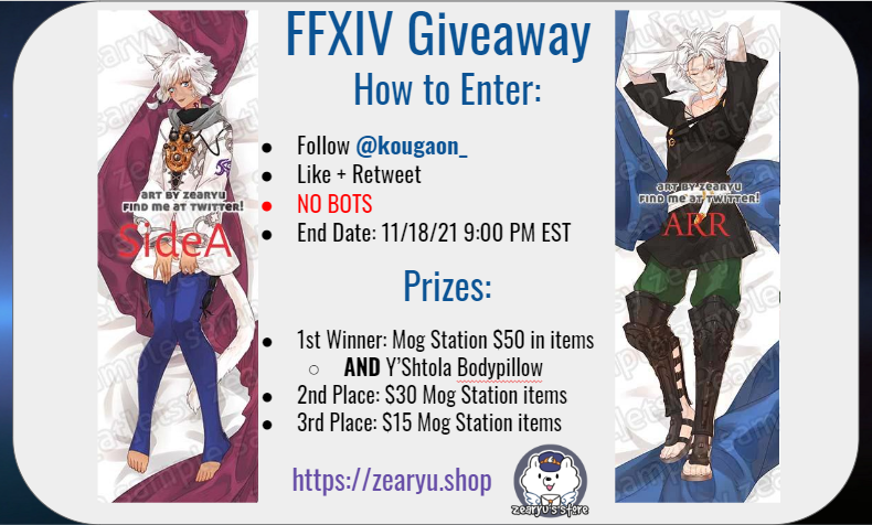 FFXIV Giveaway!! Thank you Zearyu for helping me with this!! Follow, like and retweet!
Prizes are Mog Station items AND Y'SHTOLA BODY PILLOW. Picking three winners!