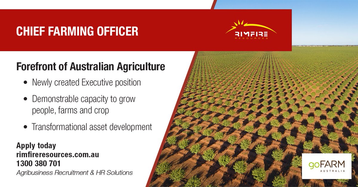 rimfireresource's tweet photo. Opportunity to be at the forefront of Australian agriculture in this newly created role transforming assets into higher value production.
Apply today: https://t.co/Uw1RNhfkcI
#farming #officer #executive #agriculture #agribusiness #agjobs #hiring #rimfireresources #gofarm https://t.co/sit6ZcGAbP