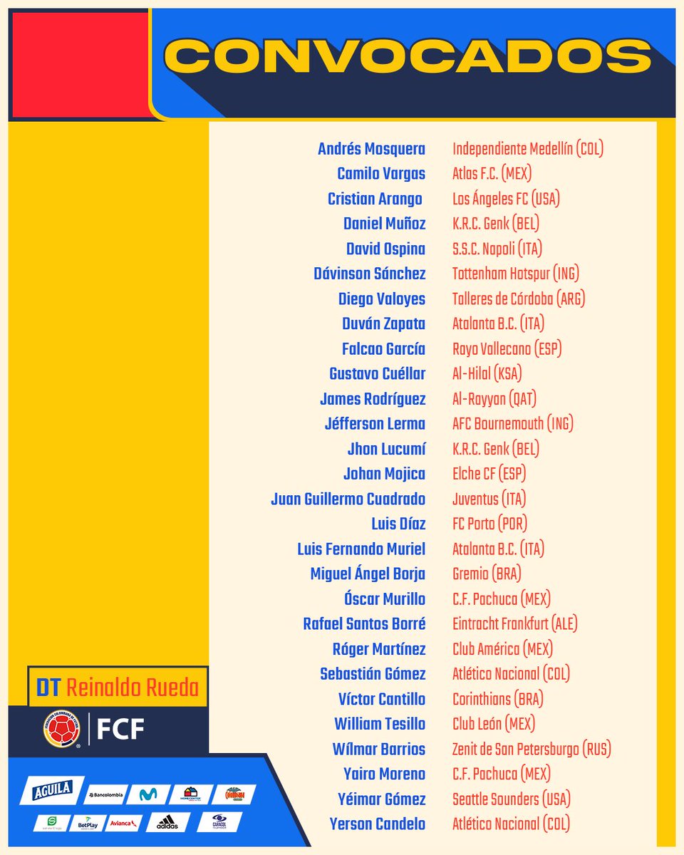 📝 👉 Estos son los convocados por @ReinaldoRuedaDT para disputar la doble fecha de noviembre de las Clasificatorias a la Copa Mundial de la FIFA Catar 2022

#VamosColombia 🇨🇴