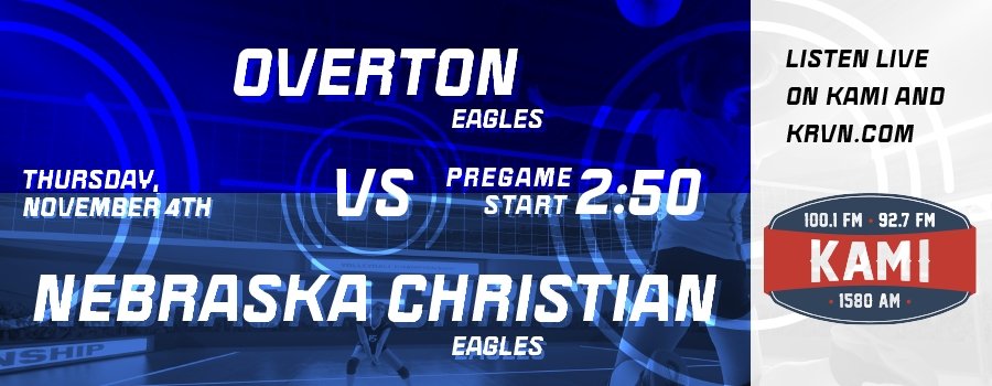 Overton Eagle State Volleyball tomorrow on KAMI at 3pm
<a href="/OvertonEagles/">Overton Eagles</a> 
<a href="/VBOvertonEagles/">Overton Volleyball</a> 
<a href="/RadioCavalli/">Tyler Cavalli</a> 
<a href="/krvn/">KRVN Radio</a>