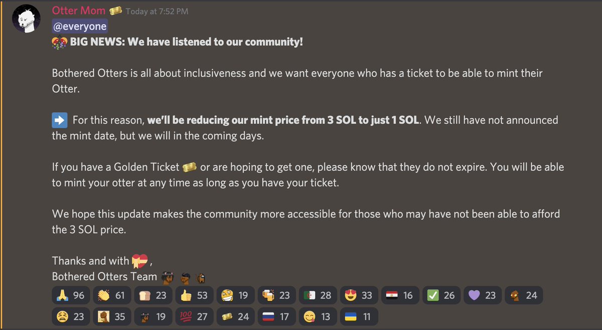 BotheredOtters's tweet photo. BIG NEWS! We are reducing our mint price from 3 $SOL to 1 $SOL 🎊 #Solana #SolanaNFT #NFT https://t.co/mFRqoktjCE