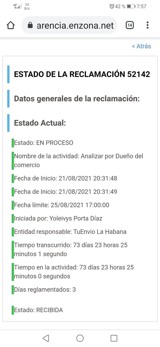 Yoleivys1's tweet photo. @ENZONA_BX Hola,  desde el día 21/8 hice esta reclamación, han pasado 73 días y aún no he recibido el dinero.  Que mal trabajo. Que informales. Es mi dinero. Con el dinero del pueblo no se juega. https://t.co/G0tyR02uaa