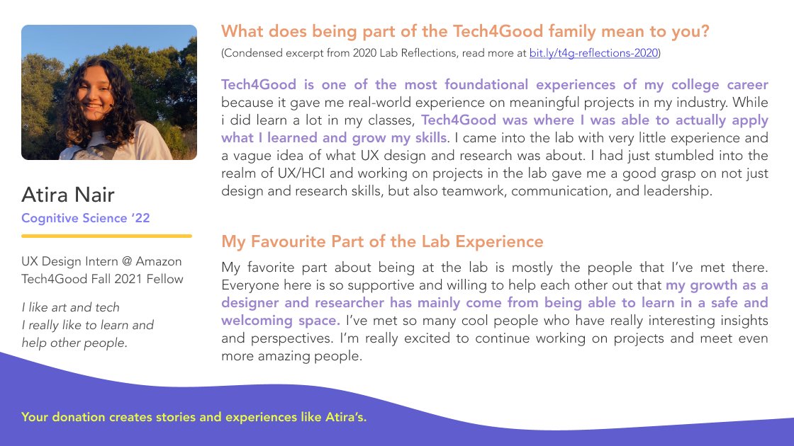 'I came in with very little experience… the lab gave me a good grasp on not just design & research, but also teamwork, communication, & leadership.' — Atira Nair, 2021 Reflections. Support stories like these: bit.ly/3EivZTI #PublicInterestTech #give2UCSC @BaskinEng