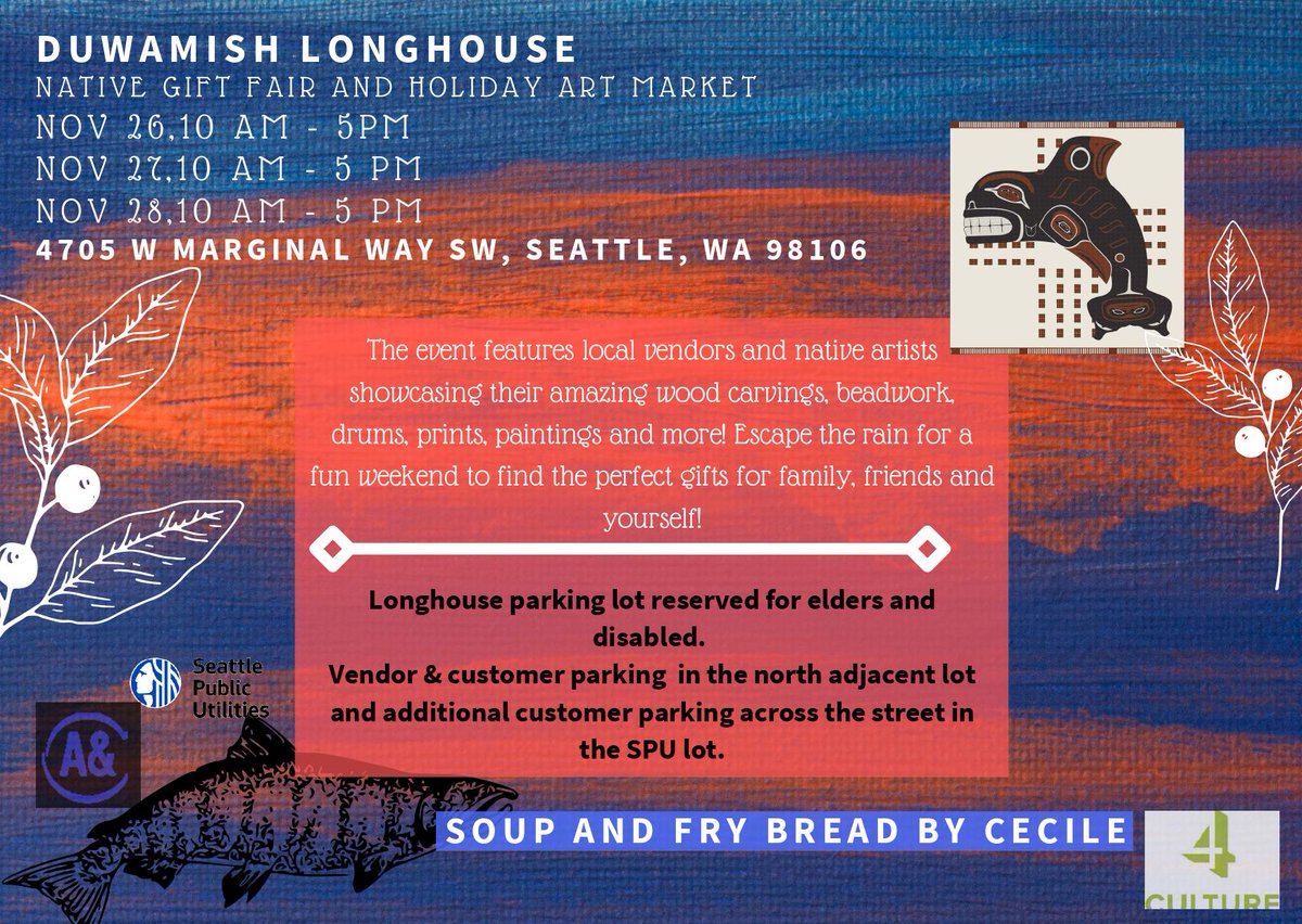Duwamish_Tribe's tweet photo. The Duwamish Native Art Market and Holiday Gift Fair is happening at the end of November! Woot woot! Join us the weekend of November 26th, 27th &amp; 28th, 10 am - 5 pm daily at the Duwamish Longhouse. See you then😊 https://t.co/S1GA8t1vRQ