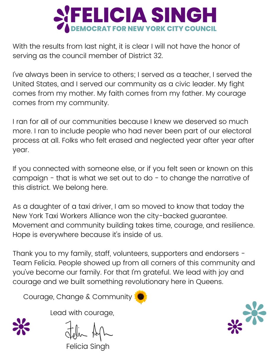 FeliciaSinghNYC's tweet photo. Sharing my statement about the election results in District 32🌻 

Statement available here for accessibility:
https://t.co/lMaHND3lU7 https://t.co/r1AuwZaa9a