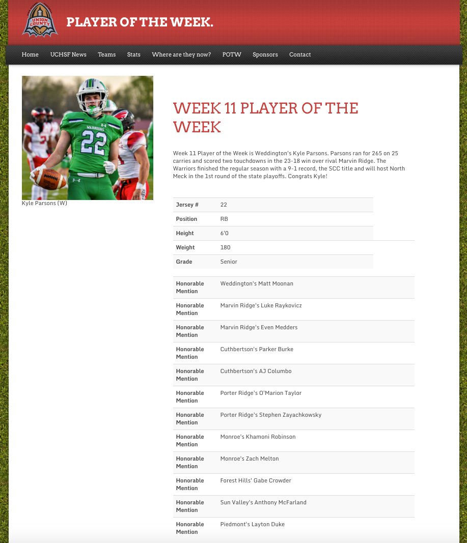 garrett_grham's tweet photo. The Week 11 UCHSF Player of the Week is Weddington's Kyle Parsons @BigDubFootball @WeddingtonHSNC @kyleparsons2022 @WeddingtonSTUGO @coachcaponewhs 

 https://t.co/Q3neIKiQ5Z https://t.co/dOpitiQaPM