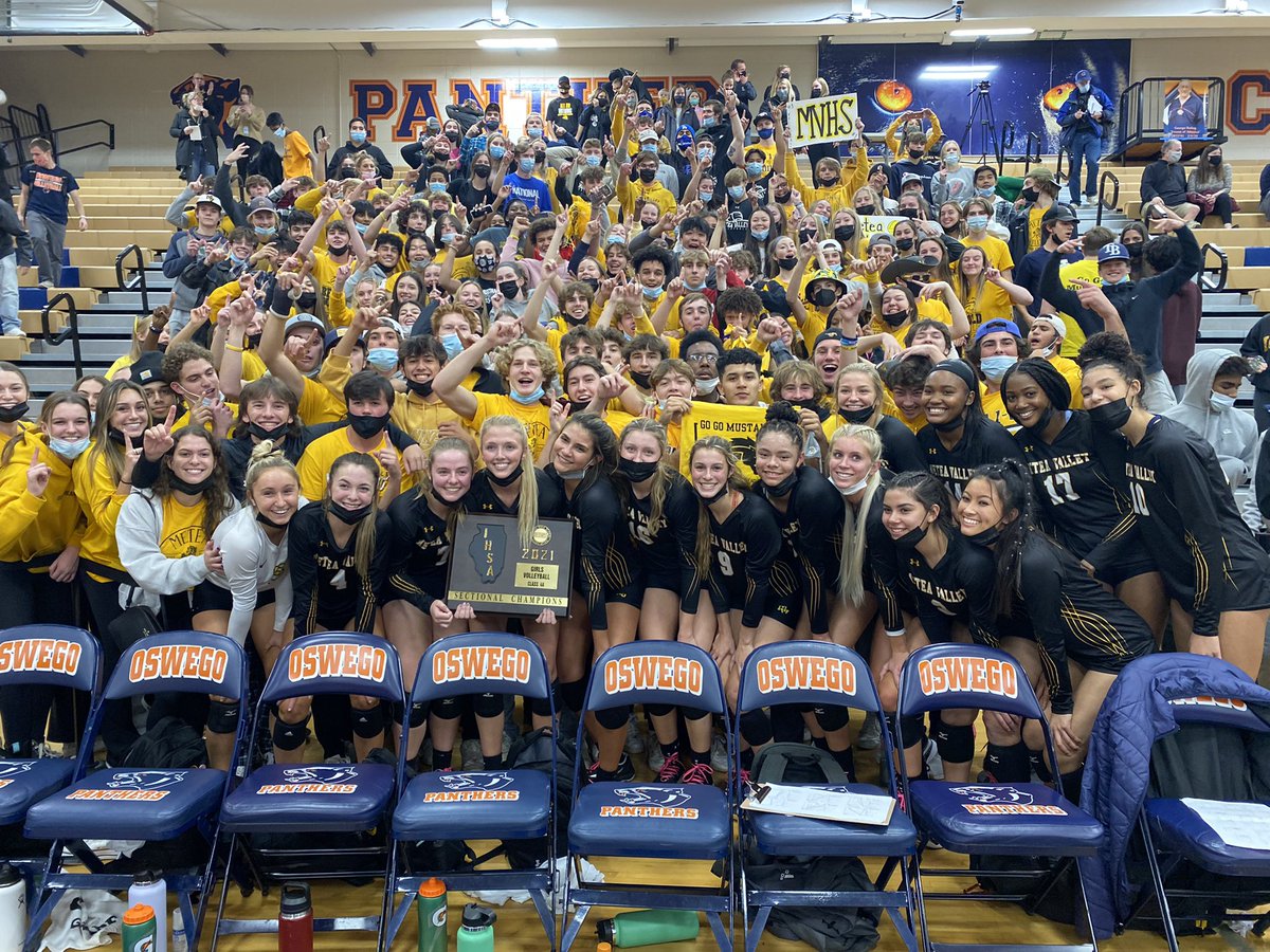 NCTV17's tweet photo. GIRLS VOLLEYBALL: Firsts keep on coming for Metea Valley. Mustangs take home their first sectional title in school history after a hard fought 2 set win over Plainfield North. Congratulations Mustangs @meteagirlsvb @MeteaAthletics https://t.co/hraogQFJrm