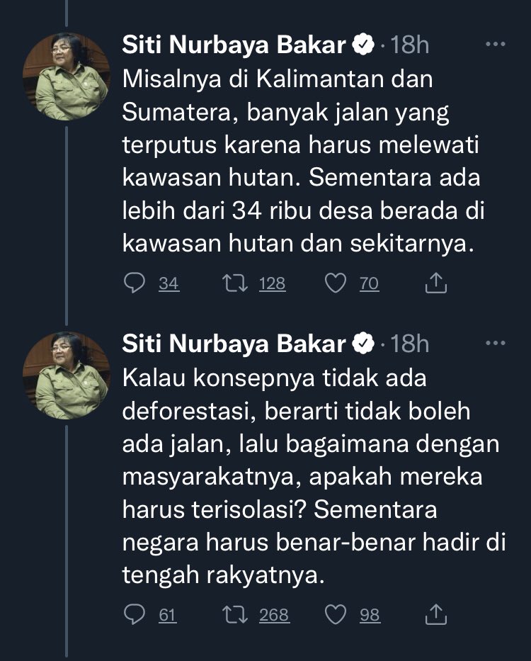 muchlis_ar's tweet photo. Menteri Siti Nurbaya ngetwit, deforestasi tidak boleh mengganggu pembangunan infrastruktur yg lagi gencar dilakukan Presiden. 

Siti Nurhaya dibully habis. 

Satu twit nya dilepas dari konteks. Ini 2 twit lain yg ngasih contoh dan menjelaskan maksudnya.. 

~silakan lanjut. https://t.co/jT9WioPUwl