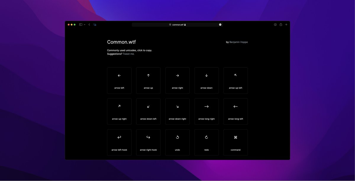 mrbenjaminhoppe's tweet image. Meet Common

Easily click to copy unicodes that are commonly used when designing interfaces. 

→ common.wtf