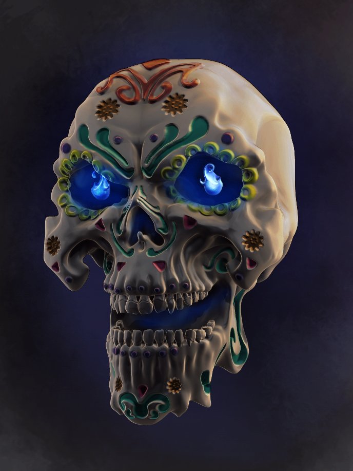 MrJiyn's tweet photo. Finished up my calavera "drawing"... definitely a drawing. Just a drawing done in zbrush. 👀 A drawing I started at last night's Discurso y Draw event hosted by @latinxinanim

#calavera #sugarskull #LatinX #diadelosmuertos #drinkanddraw https://t.co/h7eauV6hNT