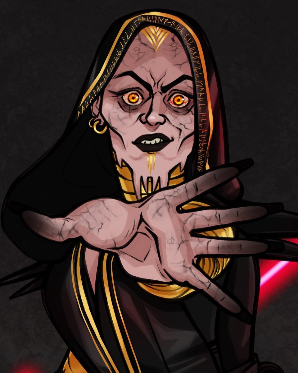 A finished commission for the DM of my Star Wars ttrpg, one of the BBEGs in the story: Darth Valkriss, a Sith Pureblood and former member of the Dark Council 🖤

... She also happens to be Krazus's mother and has a personal vendetta against Kazian for getting her son killed. 😬
