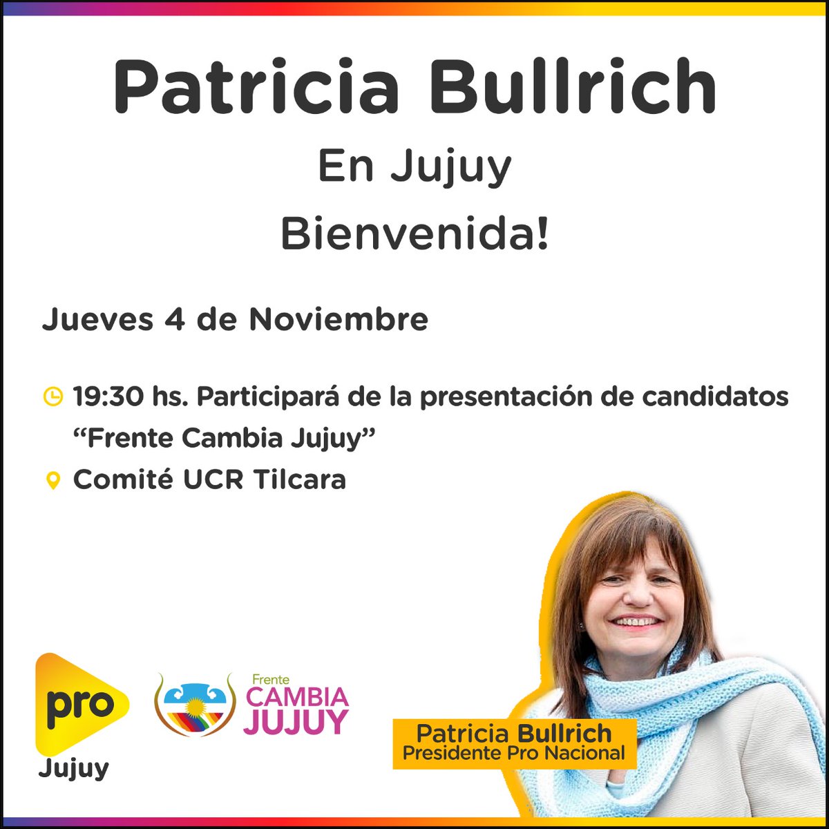 ClauMachaca's tweet photo. ▶️Bienvenida @PatoBullrich a #Jujuy!!!!
Mañana Jueves se realizará la presentación de Candidatos del Frente Cambia Jujuy con la participación de la Presidente de @proargentina
Una gran alegría recibirte Patricia ‼️
#PROJujuy https://t.co/8m4VZgFrpu