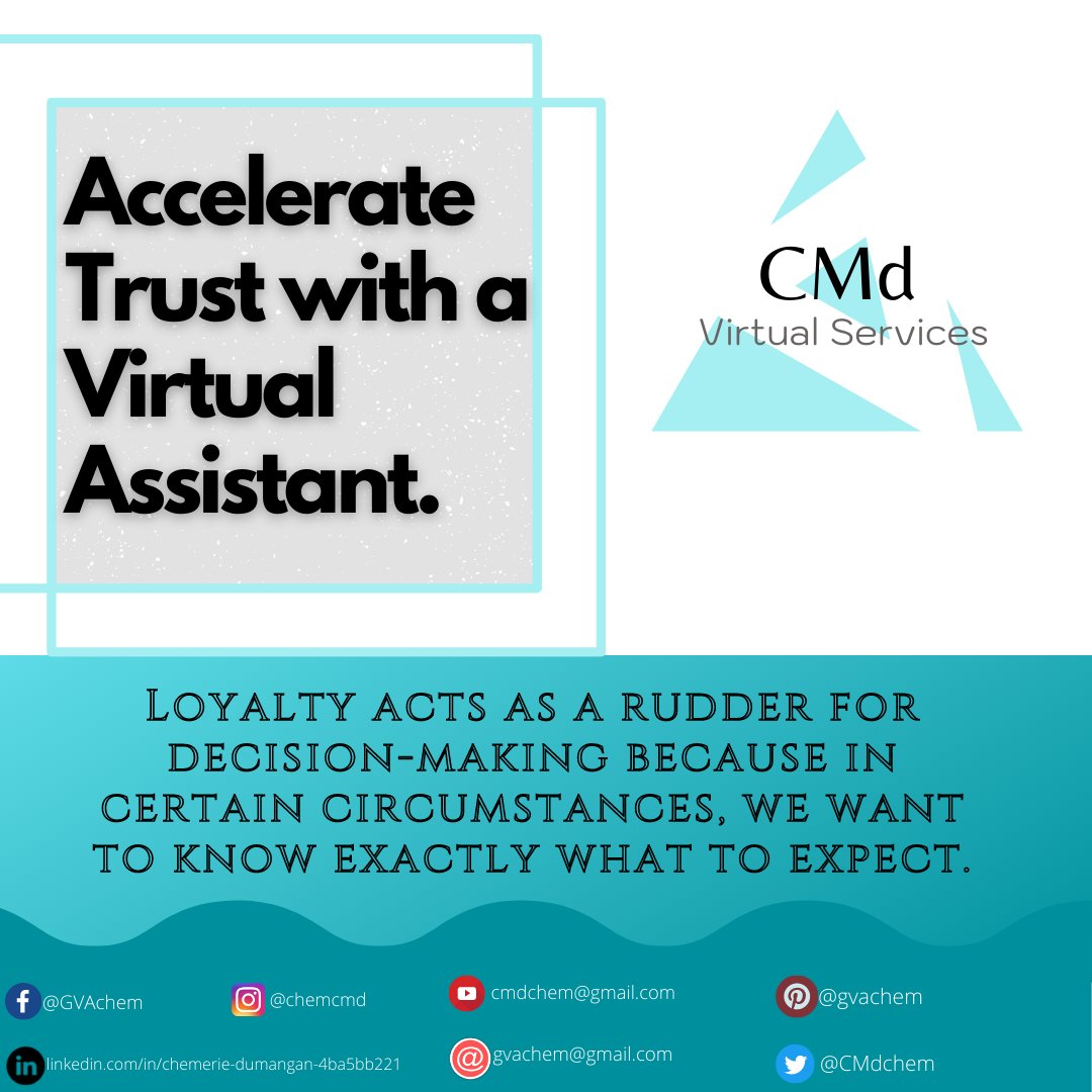 CMdchem's tweet image. Accelerate Trust with a Virtual Assistant
Trusted brands carefully pay attention to detail, consistency between the expectations they set and the results. The reward for earning trust is a big one: loyalty. 
Send me an email:
📧 gvachem@gmail.com
#CMdVirtualServices #loyalty