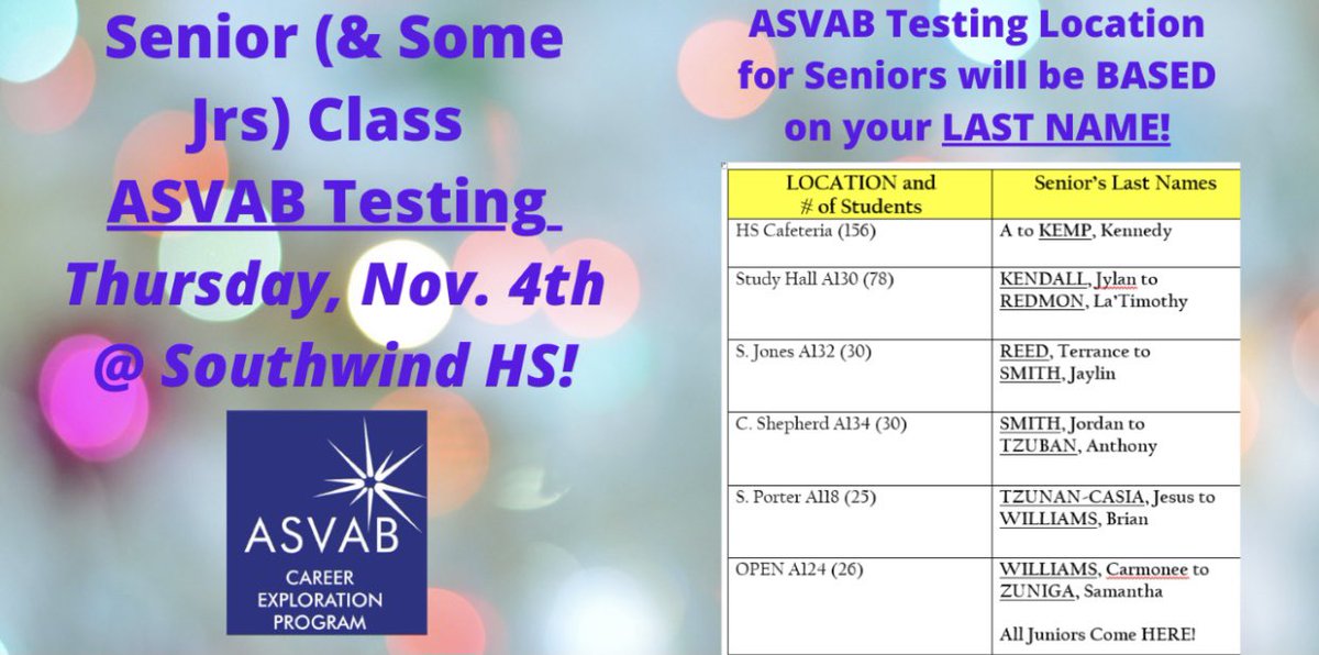 SouthwindHS's tweet photo. Seniors (& some juniors) will be taking the ASVAB exam tomorrow morning. Letโs get some โReady Graduatesโ from your performance tomorrow!! We are ready to give you a cord at Graduation if you earn it! Make SURE you know where you test before tomorrow! #CreateOptions ๐ #SHS https://t.co/w9YUH7uHmH