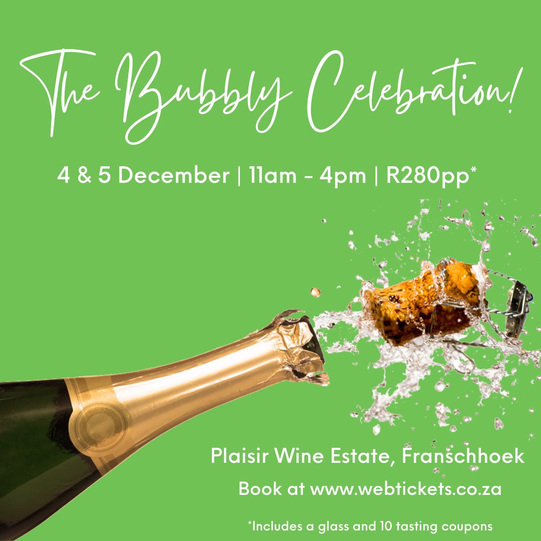 The Celebration of Bubbly festival takes place at the Plaisir Wine Estate on December 4 &amp; 5 from 11:00 to 16:00. Tickets cost R280pp and incl a glass &amp; 10 tasting coupons. Book at <a href="/webticketsSA/">webtickets.co.za</a> #bubbly #bubbles #mcc #methodcapclassique #bubblyfest #celebrate